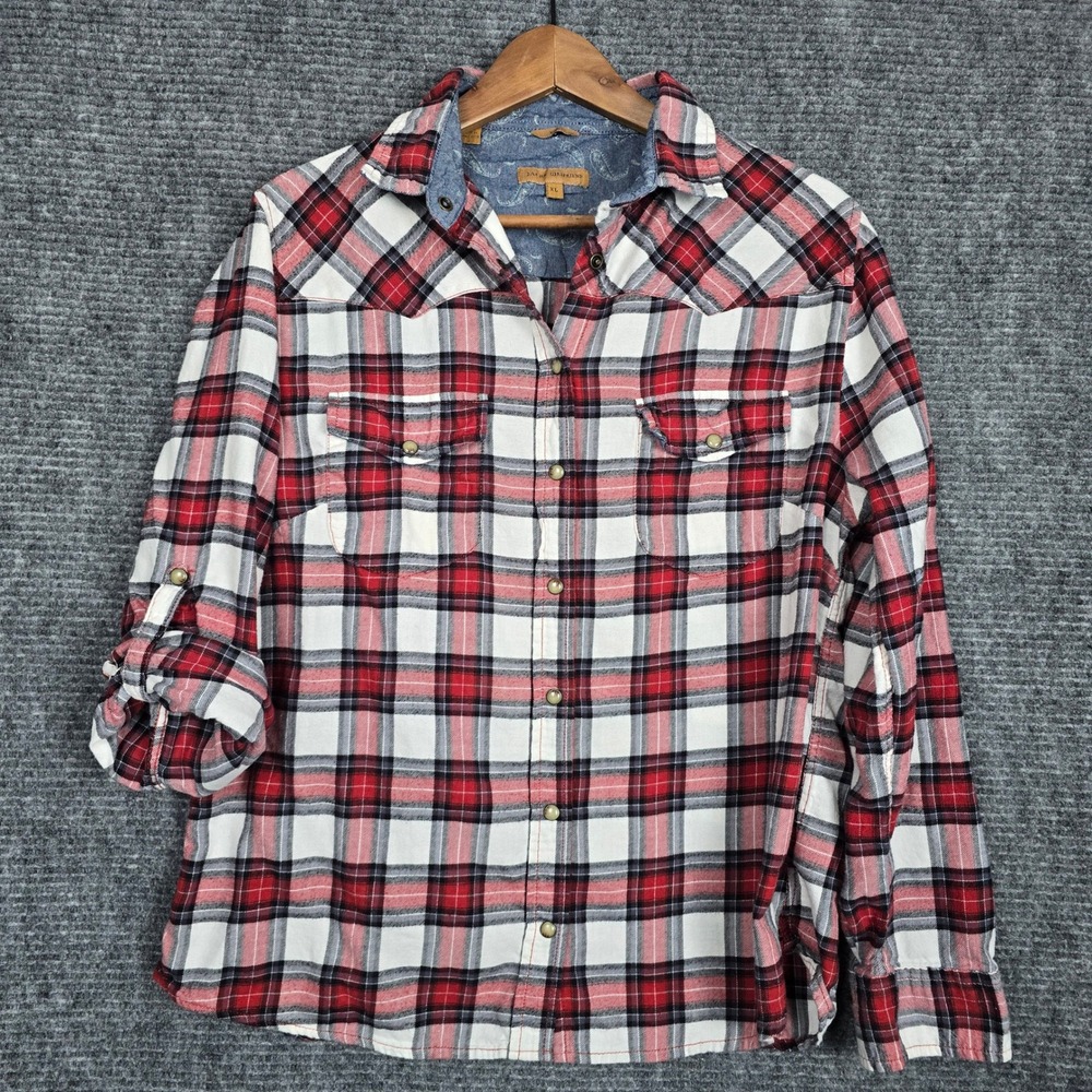 Jachs Girlfriend Red Plaid Flannel Shirt XL Western Roll Tab Cotton Snap Down